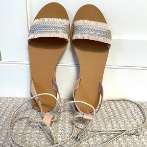 JCrew Silver and Raffia Ankle-tie Sandals, Size 10